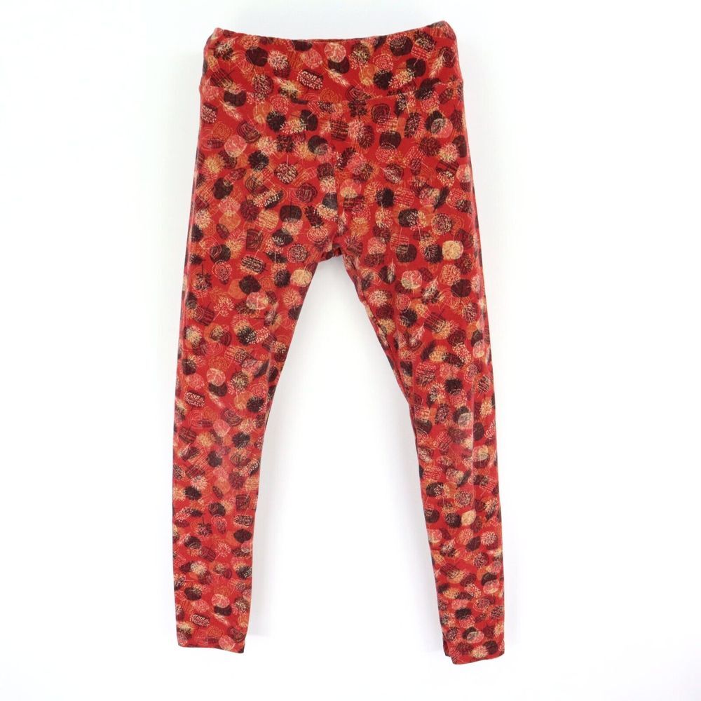 LuLaRoe Leggings Womens Size OS Red Leaves Polyester Blend Mid Rise Stretch Soft